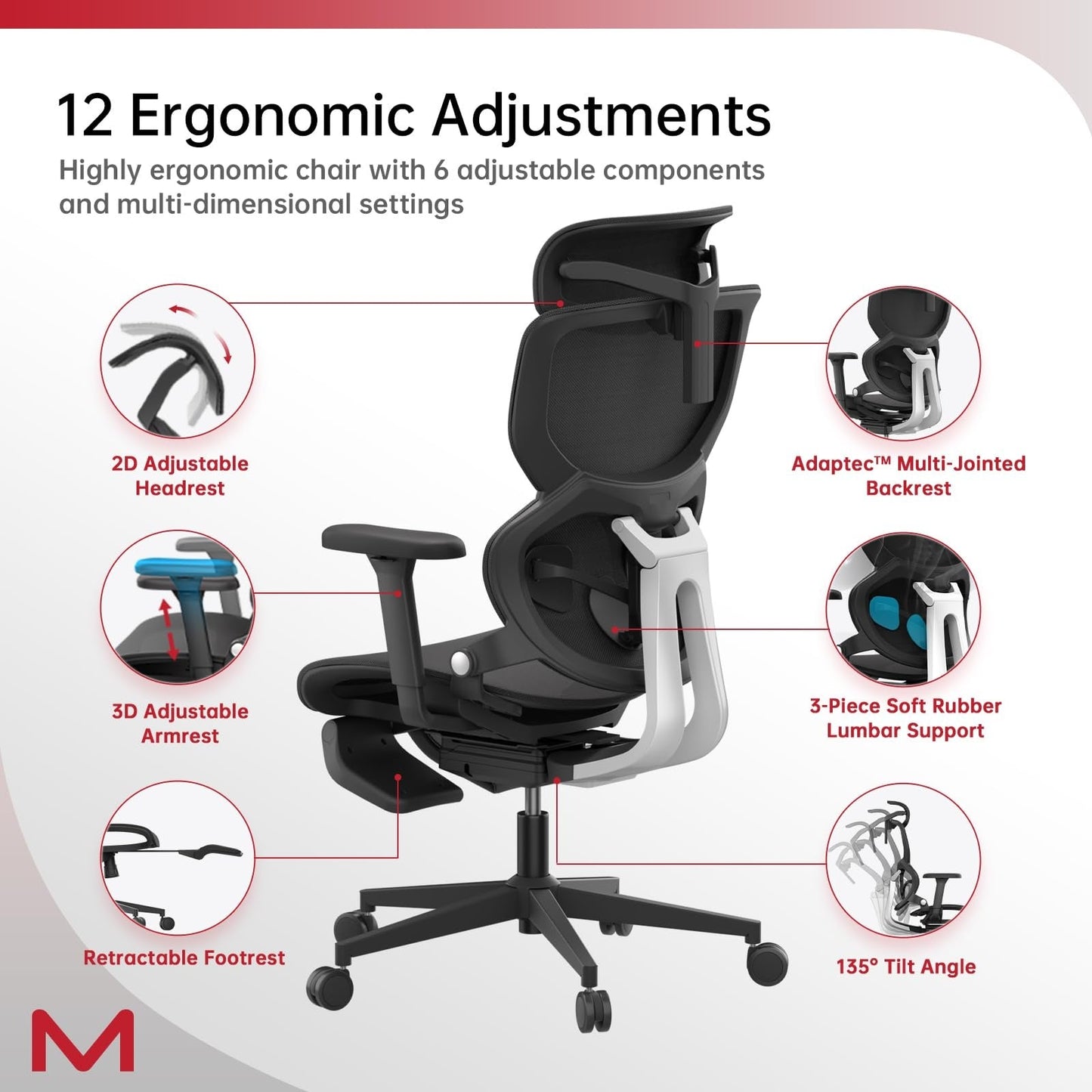 Ergonomic Office Chair with Footrest and Lumbar Support, Reclining High Back Computer Chair for Home Office