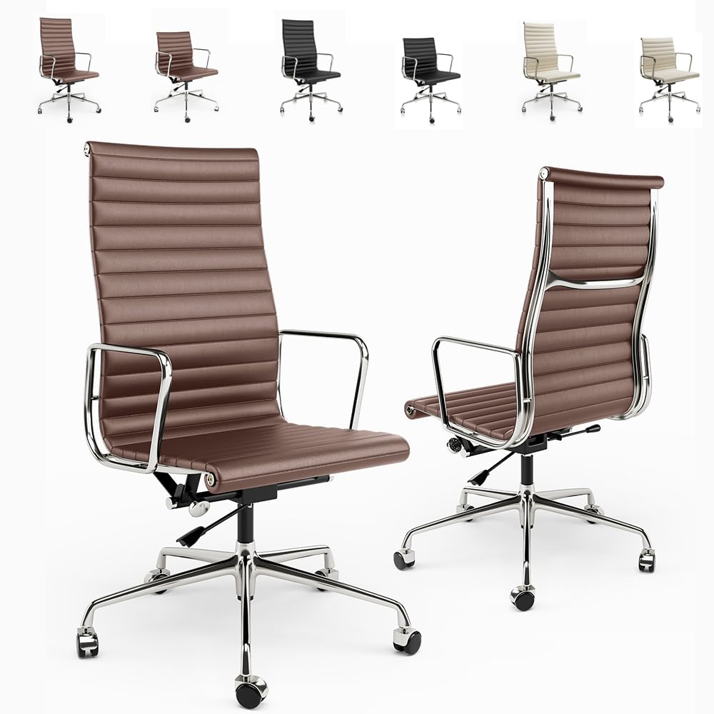 Executive Leather Office Chair High Back, Top Grain Brown Leather Ergonomic Swivel Chair for Home Office