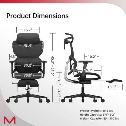 Ergonomic Office Chair with Footrest and Lumbar Support, Reclining High Back Computer Chair for Home Office