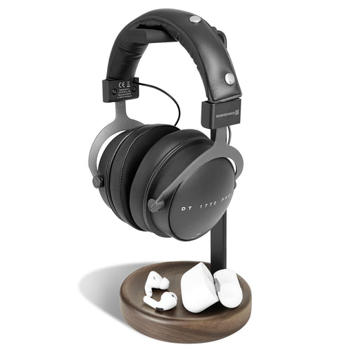 Walnut Wood Headphone Stand for Desk, Headset Holder with Cable Channel for Gaming and Office